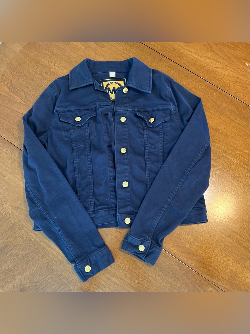 Michael Kors, Navy Blue Denim Jacket with Gold Buttons, Size Medium